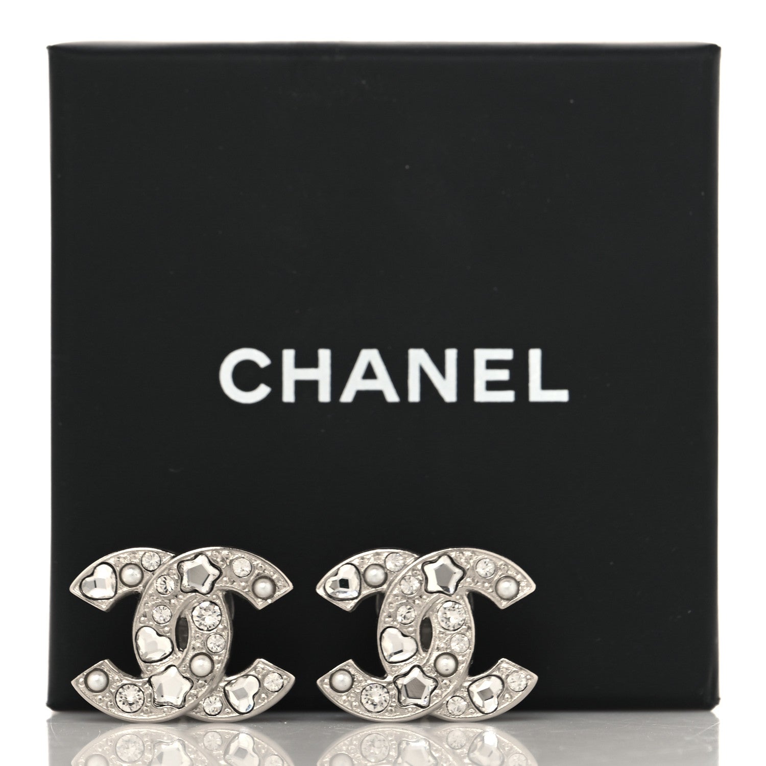 Chanel Crystal Pearl Heart CC Clip On Earrings Silver 8 of 10
