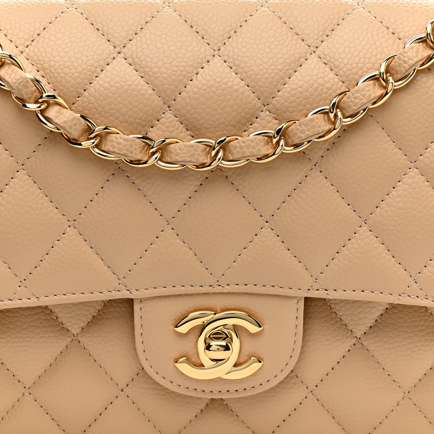 Caviar Quilted Medium Double Flap Beige