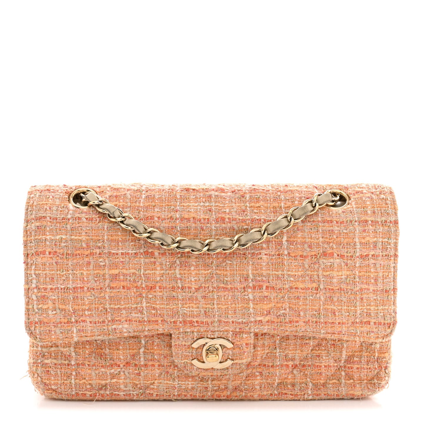 Tweed Quilted Medium Double Flap Orange Beige Multicolor