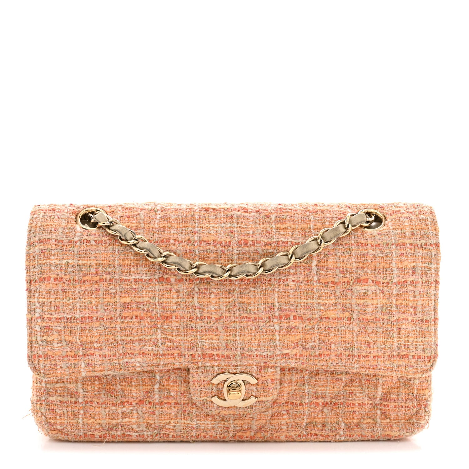 Chanel Tweed Quilted Medium Double Flap Orange Beige Multicolor 1 of 12