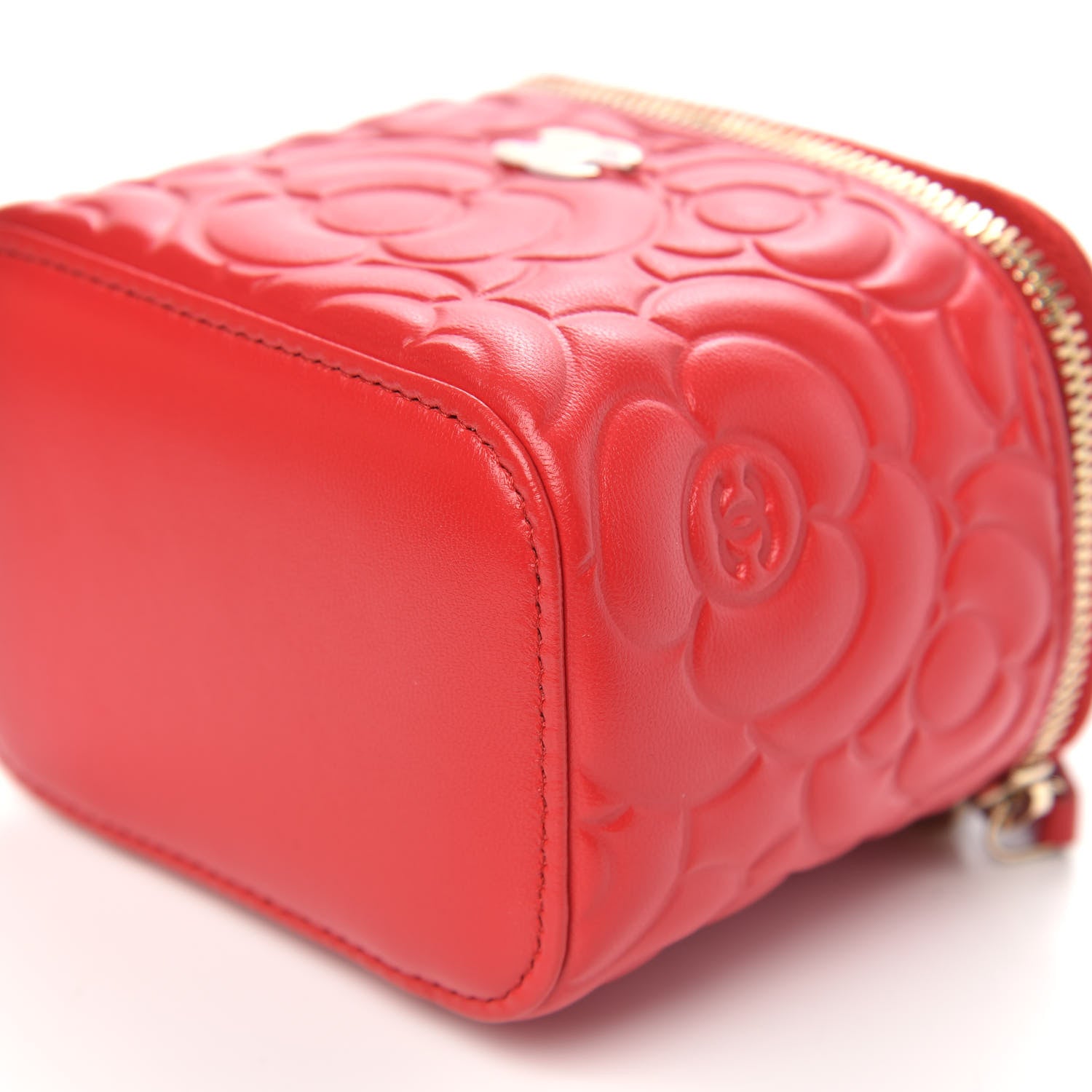 Chanel Lambskin Camellia Embossed Mini Vanity Case With Chain Red 9 of 10