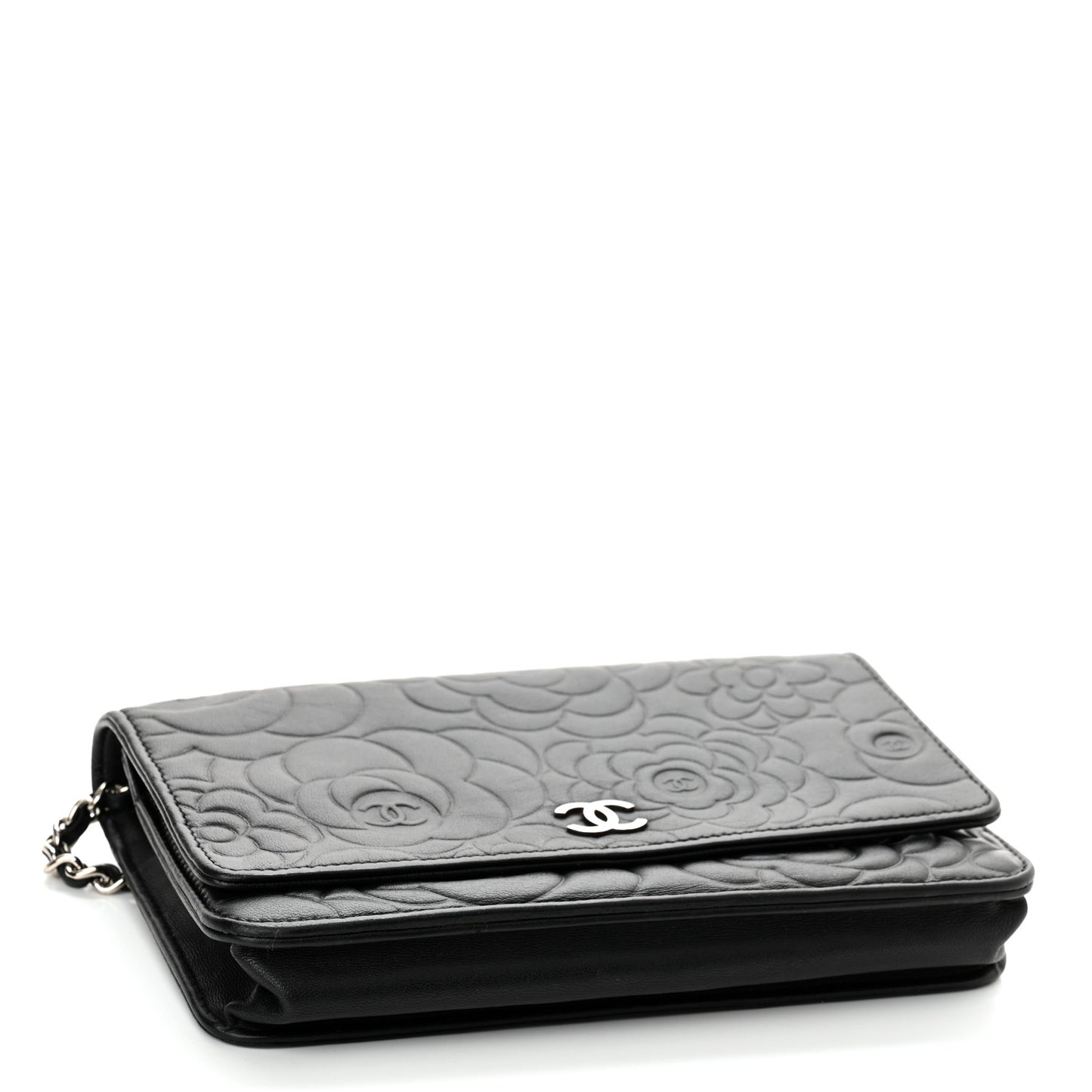 Lambskin Camellia Embossed Wallet on Chain WOC Black
