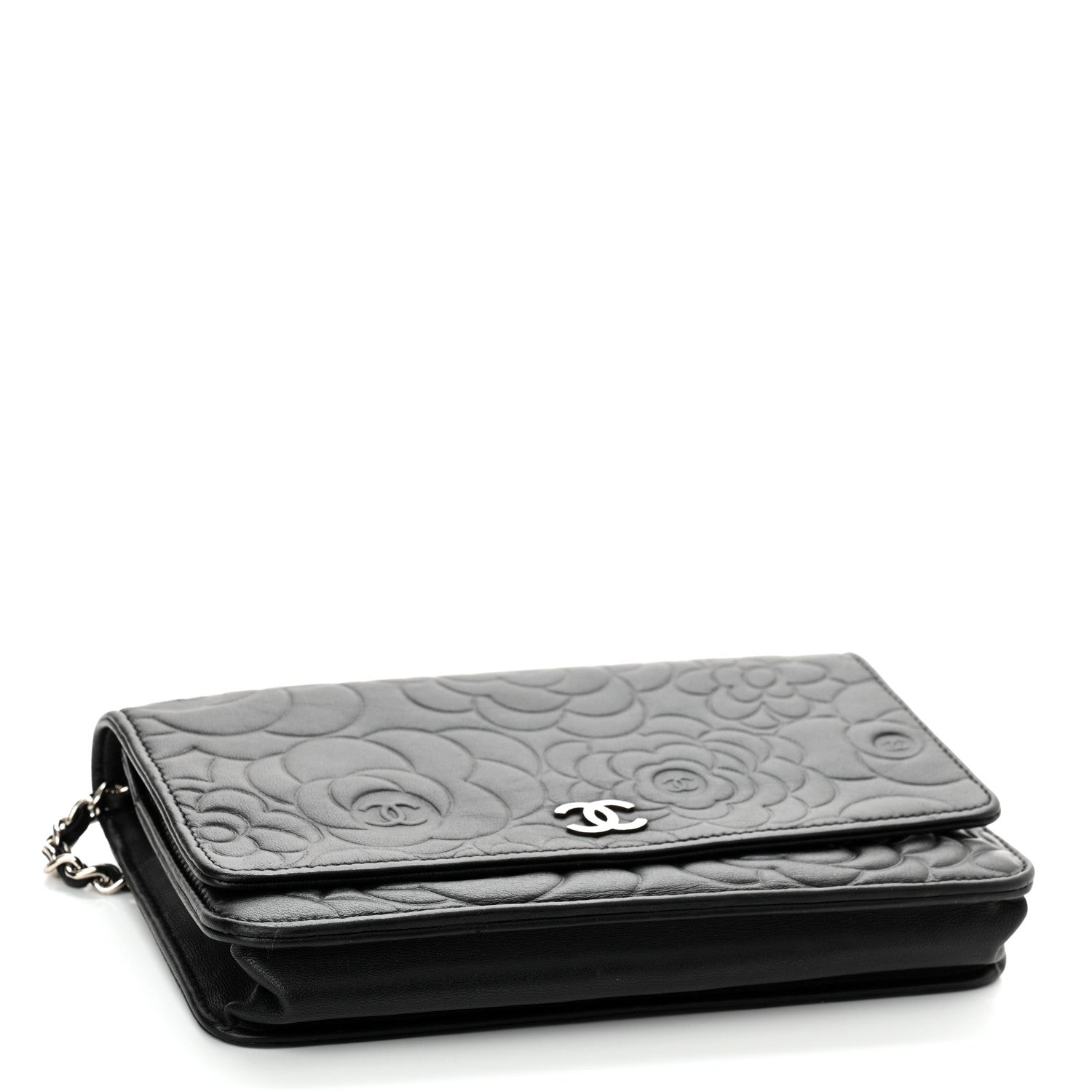 Chanel Lambskin Camellia Embossed Wallet on Chain WOC Black 3 of 10