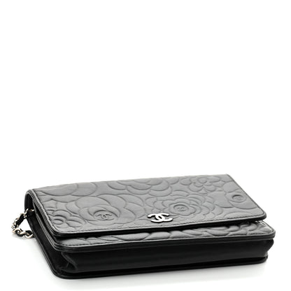 Chanel Lambskin Camellia Embossed Wallet on Chain WOC Black 3 of 10