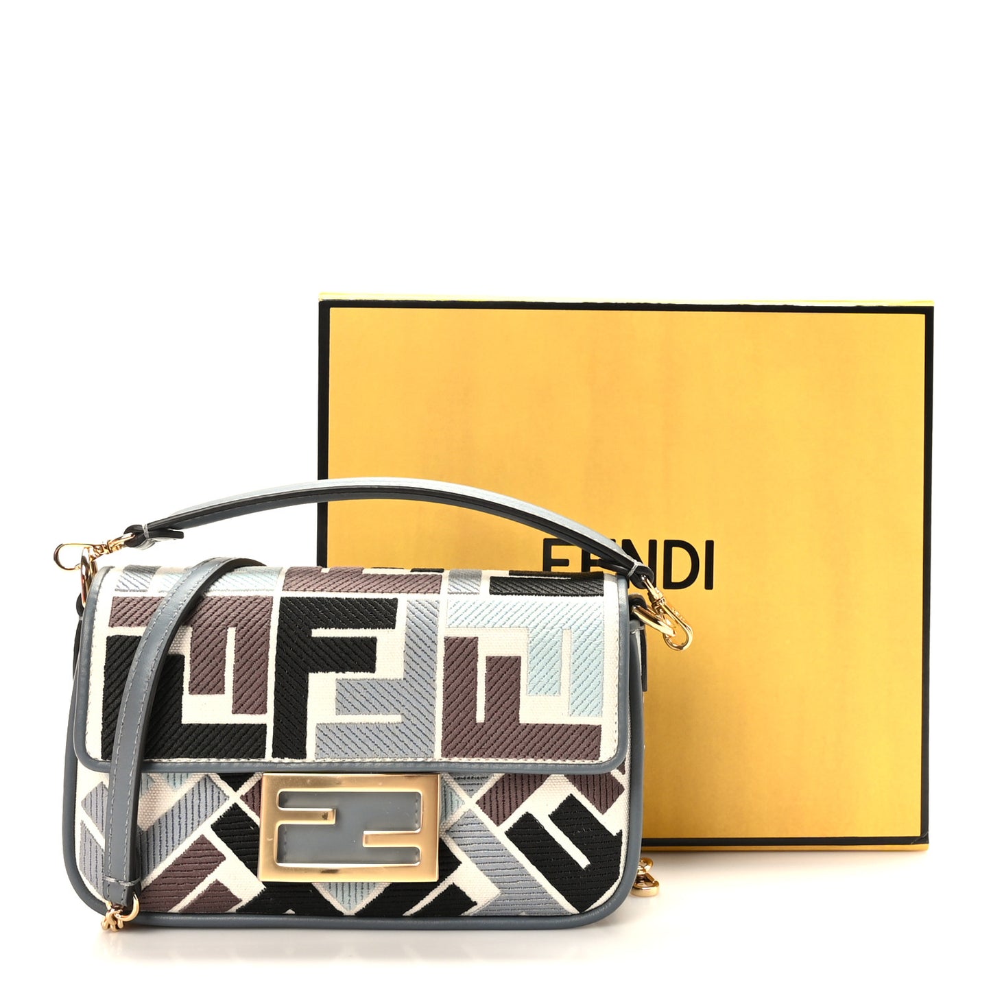 Canvas Vitello Seta FF Multicolor Embroidered Mini Baguette Multicolor Anice Tortora