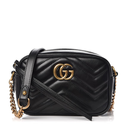 Gucci Calfskin Matelasse Mini GG Marmont Chain Shoulder Bag Black 1 of 8