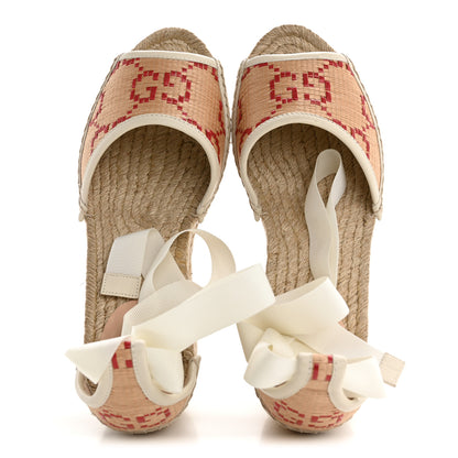 Gucci GG Raffia Monogram Ankle Wrap Platform Espadrille Wedge Sandals 38.5 Beige 2 of 10