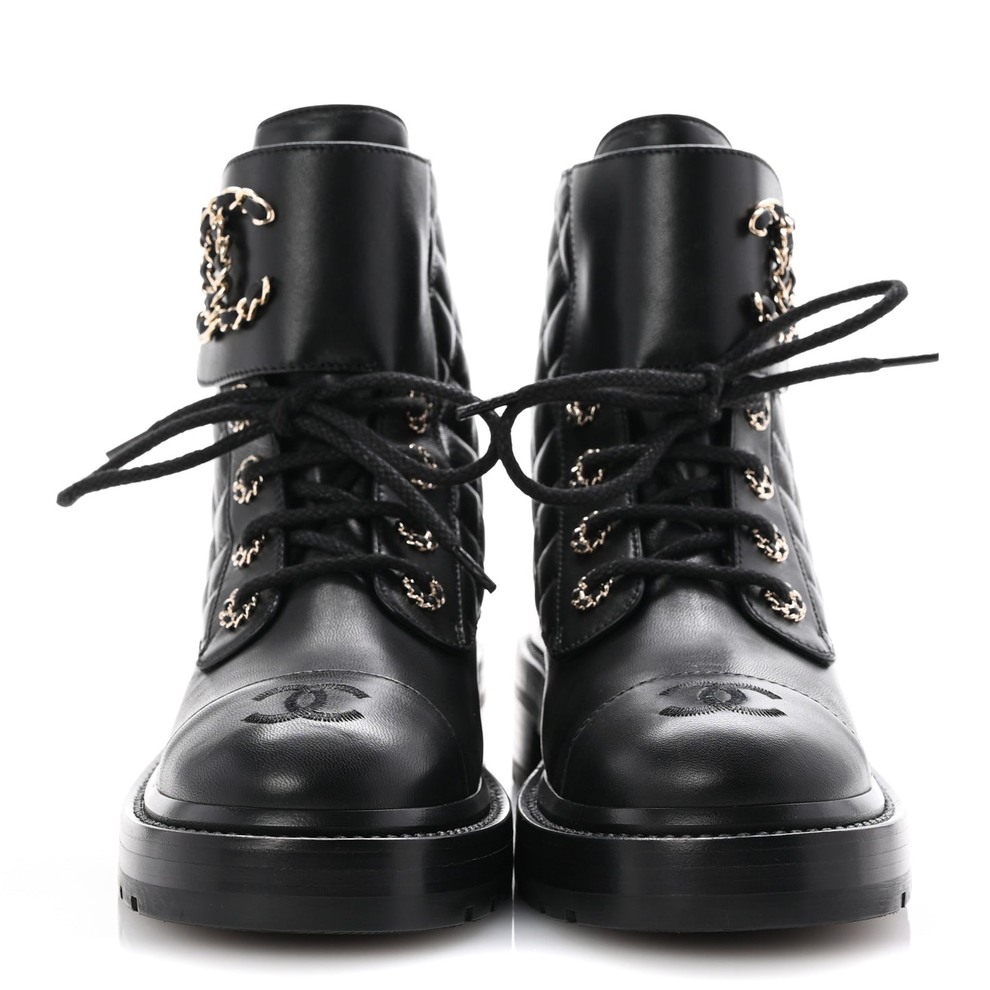 Shiny Goatskin Calfskin Quilted Lace Up Combat Boots 37 Black