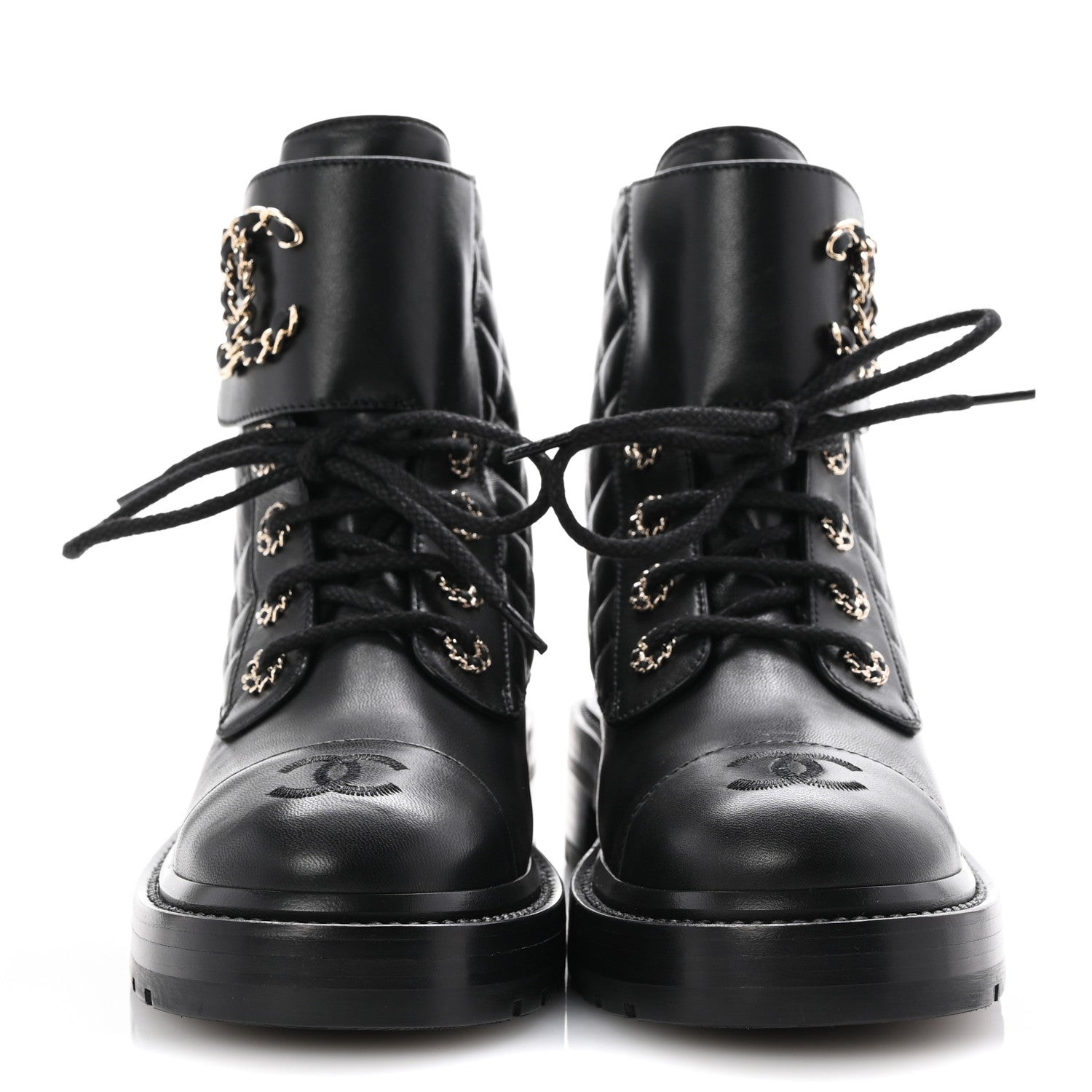 Chanel Shiny Goatskin Calfskin Quilted Lace Up Combat Boots 37 Black 3 of 10