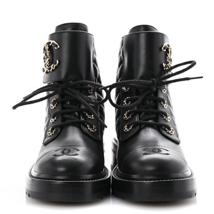 Chanel Shiny Goatskin Calfskin Quilted Lace Up Combat Boots 37 Black 3 of 10