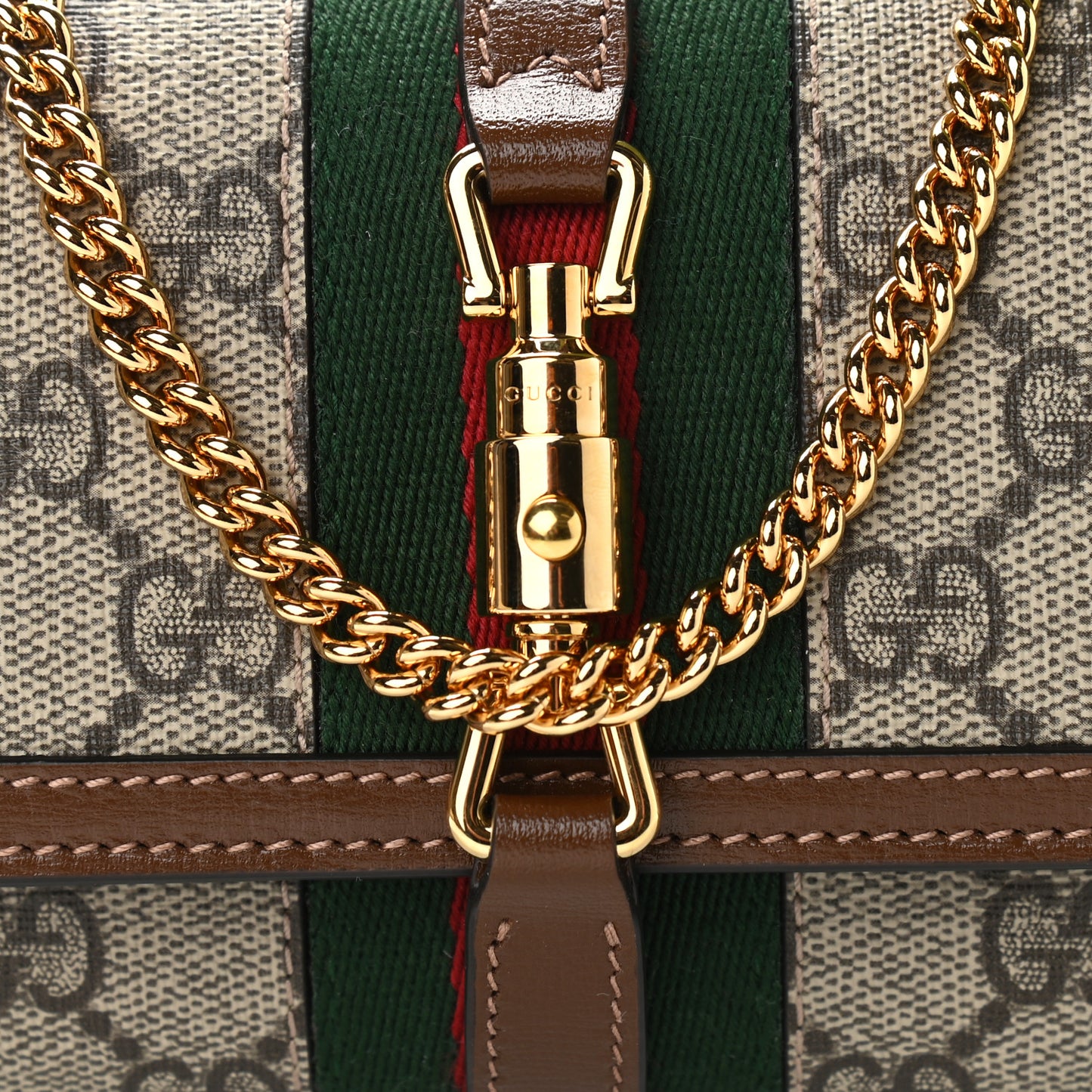 GG Supreme Monogram Azalea Calfskin Web Jackie 1961 Chain Wallet Beige Ebony Brown Sugar