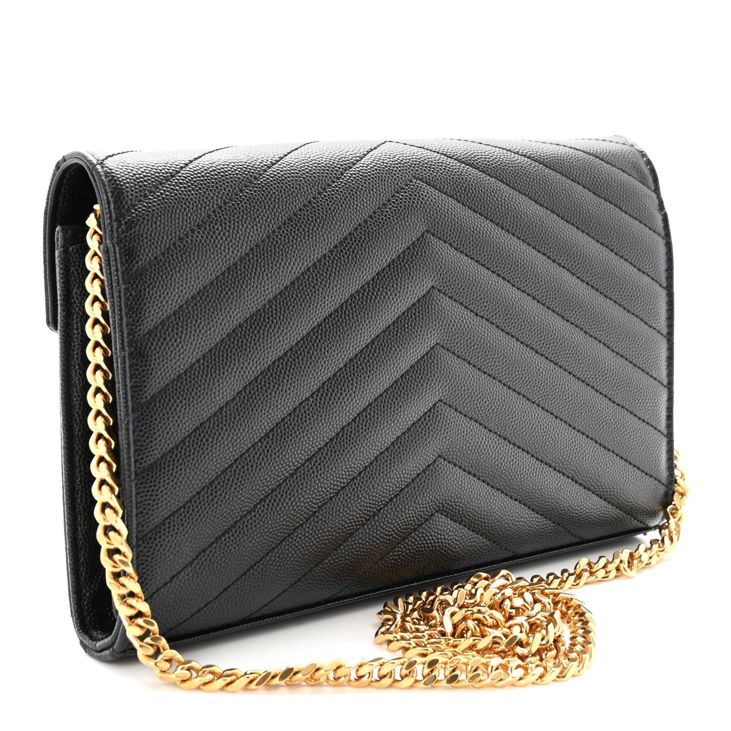 Saint Laurent Grain De Poudre Matelasse Chevron Monogram Chain Wallet Black 3 of 10