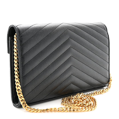 Saint Laurent Grain De Poudre Matelasse Chevron Monogram Chain Wallet Black 3 of 10