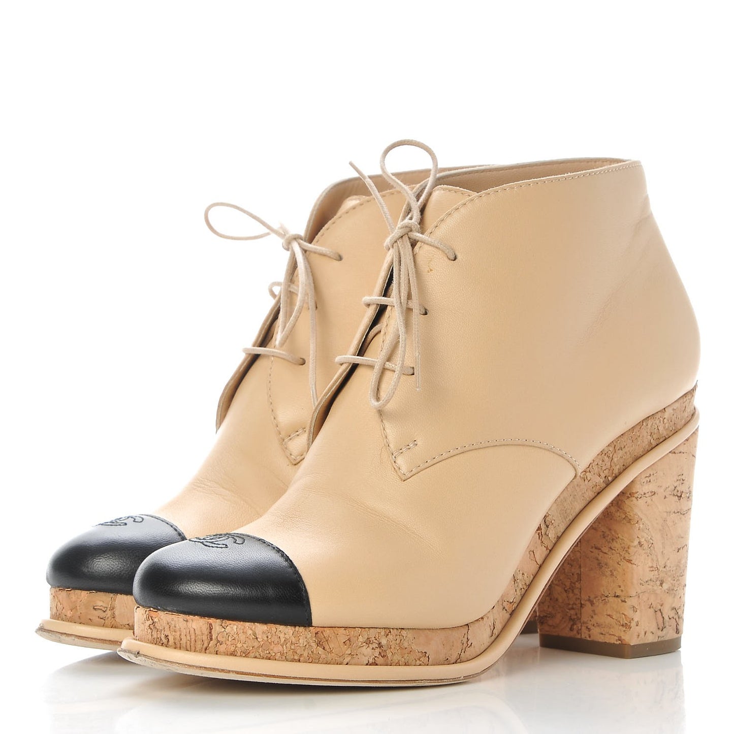 Lambskin Cork Cap Toe CC Lacets Booties 40 Beige Black
