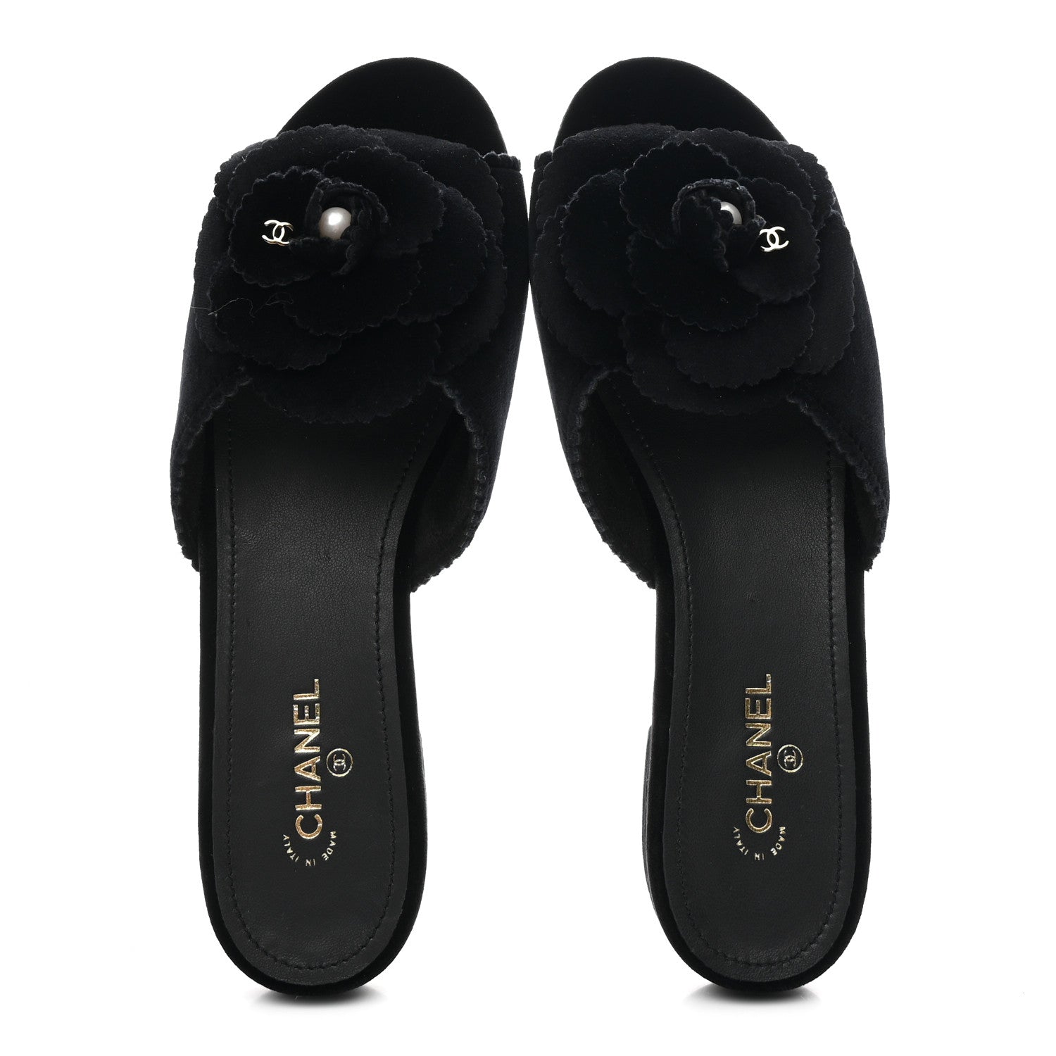 Chanel Velvet Pearl Camellia Slide Sandals 37 Black 1812462