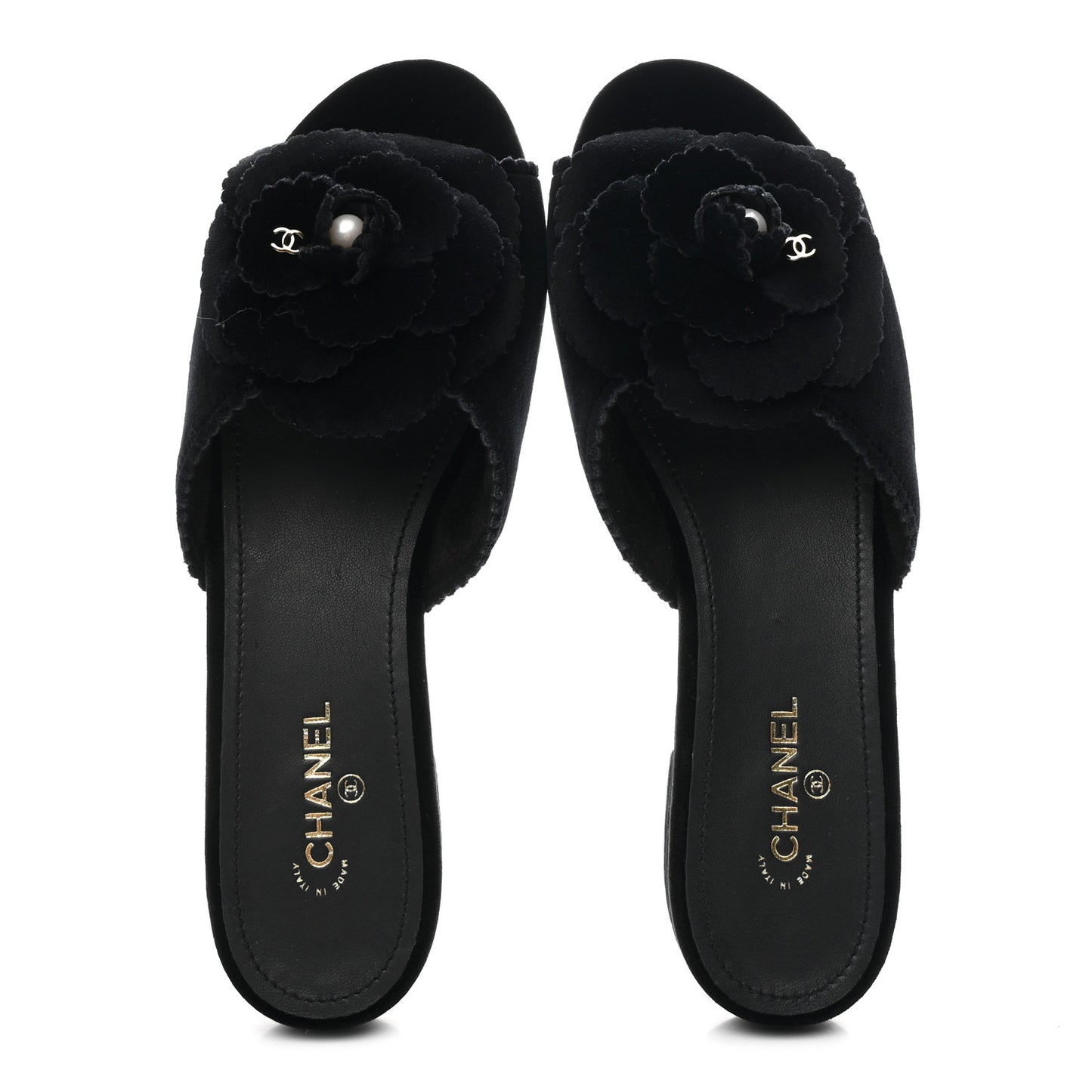 Velvet Pearl Camellia Slide Sandals 37 Black
