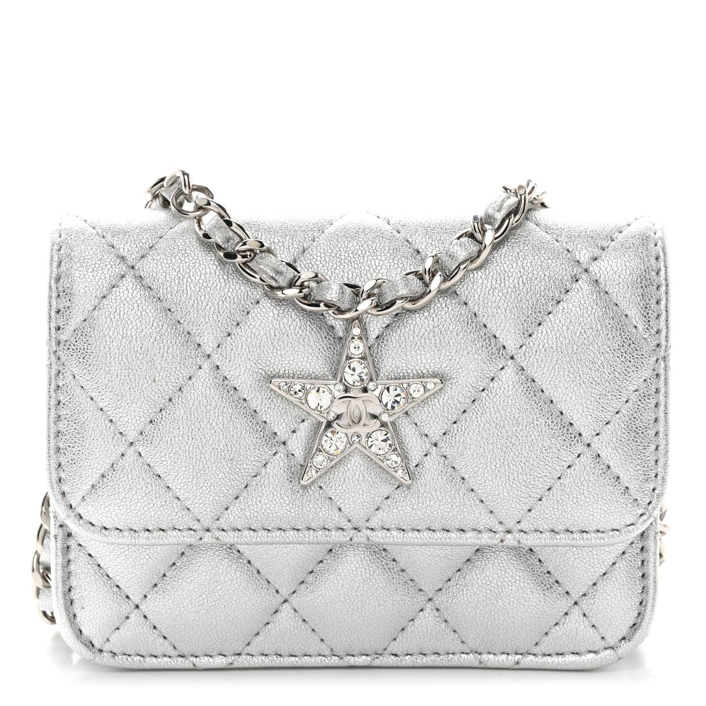 Metallic Goatskin Quilted Star Flap Waist Belt Bag Silver