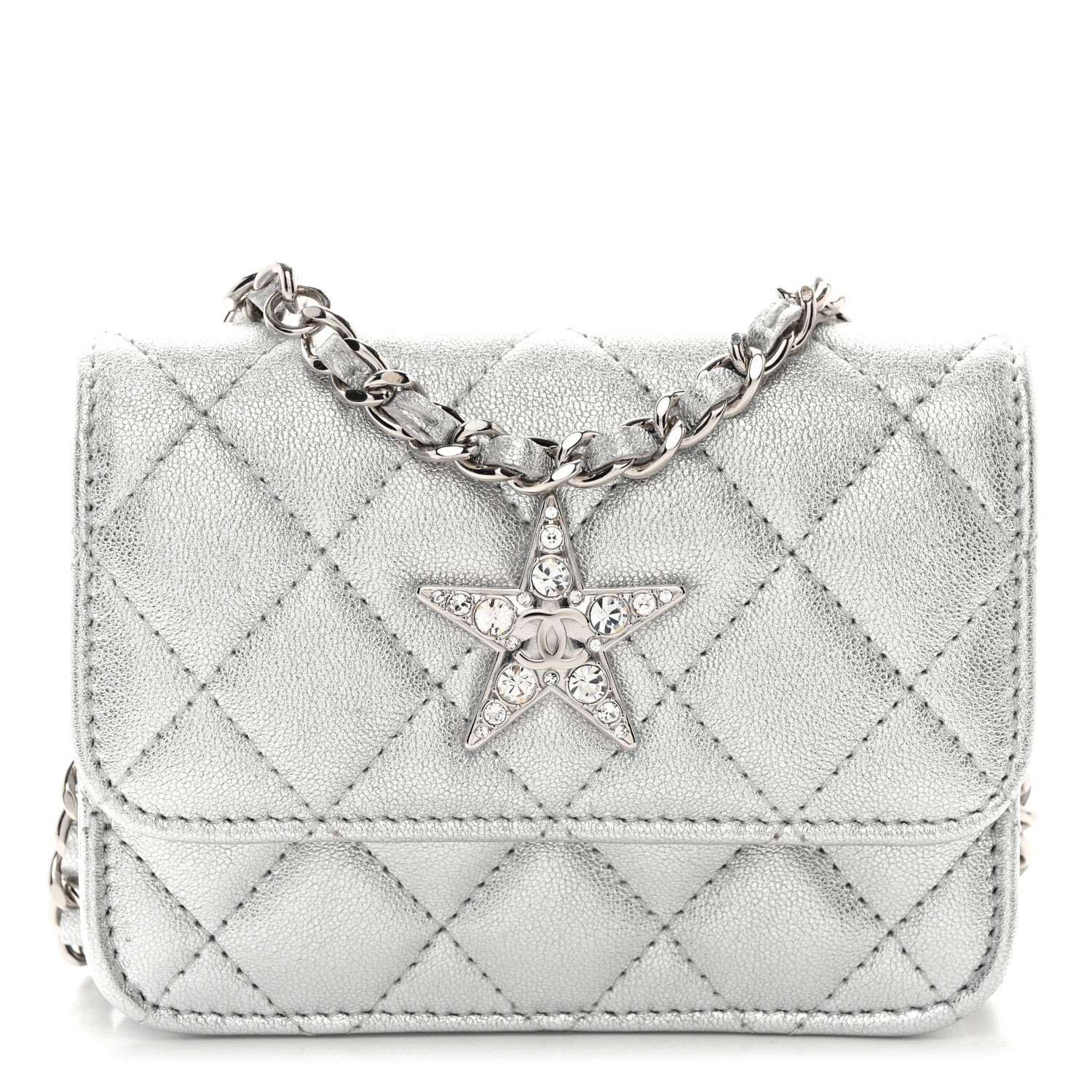 Chanel Metallic Goatskin Quilted Star Flap Waist Belt Bag Silver 1 of 11