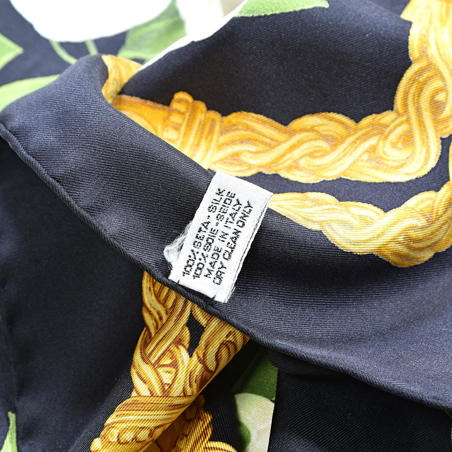 Silk CC Camellia Chain Scarf White Green Gold