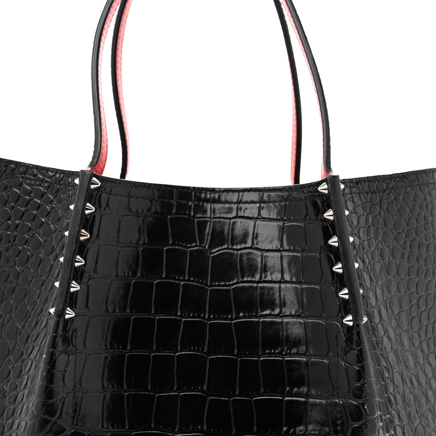 Crocodile Embossed Calfskin Spiked Small Cabarock Shopper Tote Black