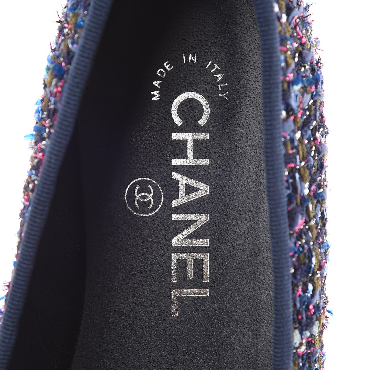 Tweed Patent Calfskin Cap Toe Ballerina Flats 37.5 Blue Pink Black