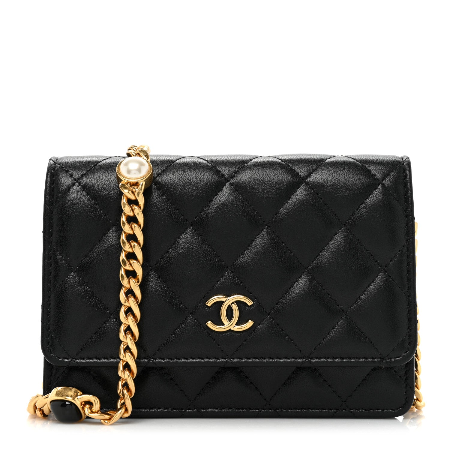 Chanel Lambskin Quilted CC Pearl Enamel Clutch on Chain WOC Black 1 of 13