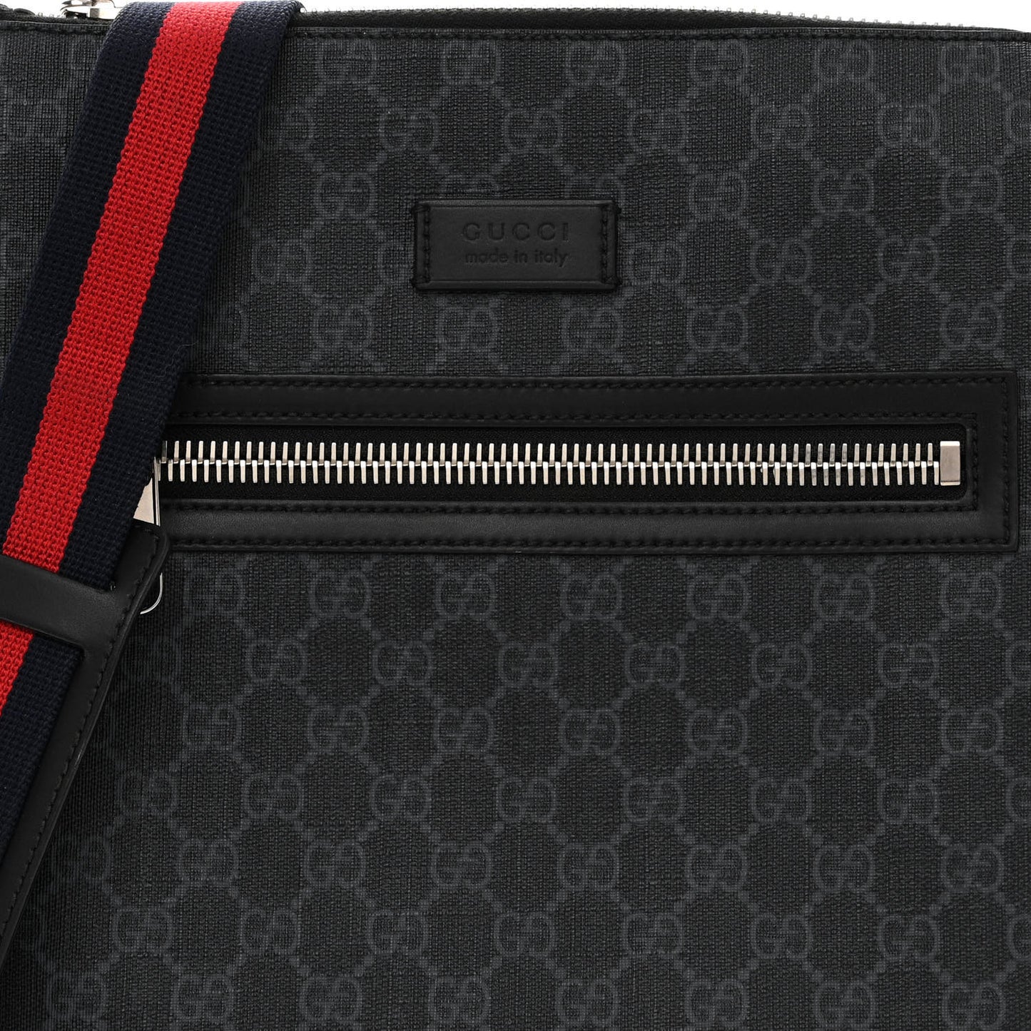 GG Supreme Monogram Appia Calfskin Web Flat Messenger Bag Black Grey