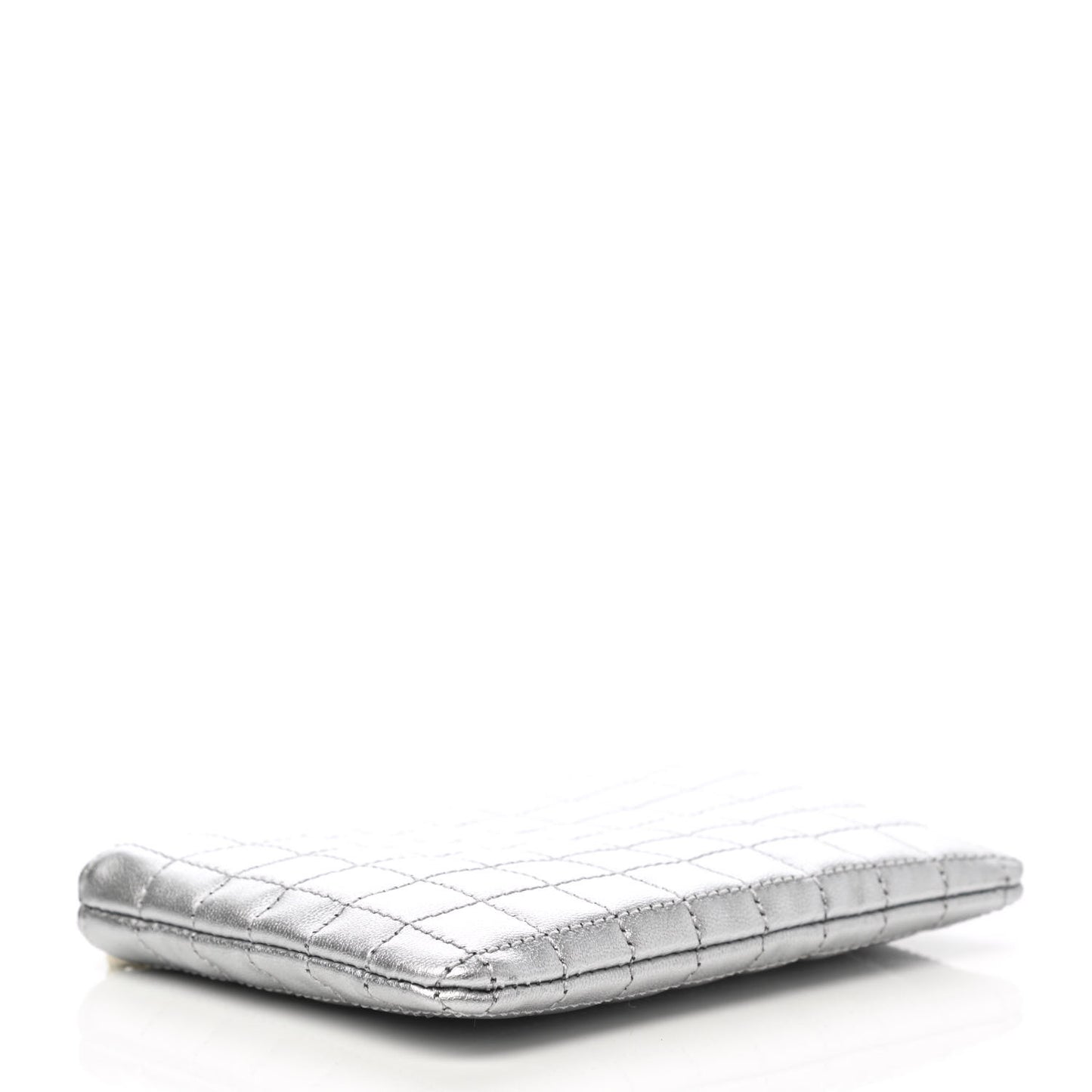 Laminated Calfskin Quilted C Charm Coin Card Pouch Silver