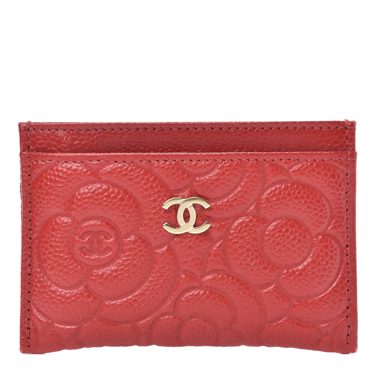 Chanel Caviar Camellia Embossed Card Holder Red 1 of 11
