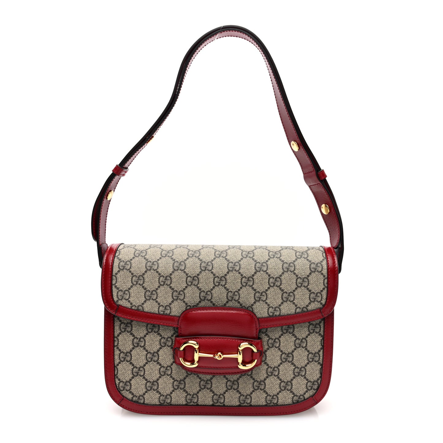 GG Supreme Monogram Azalea Calfskin Horsebit 1955 Shoulder Bag Beige Ebony New Cherry Red