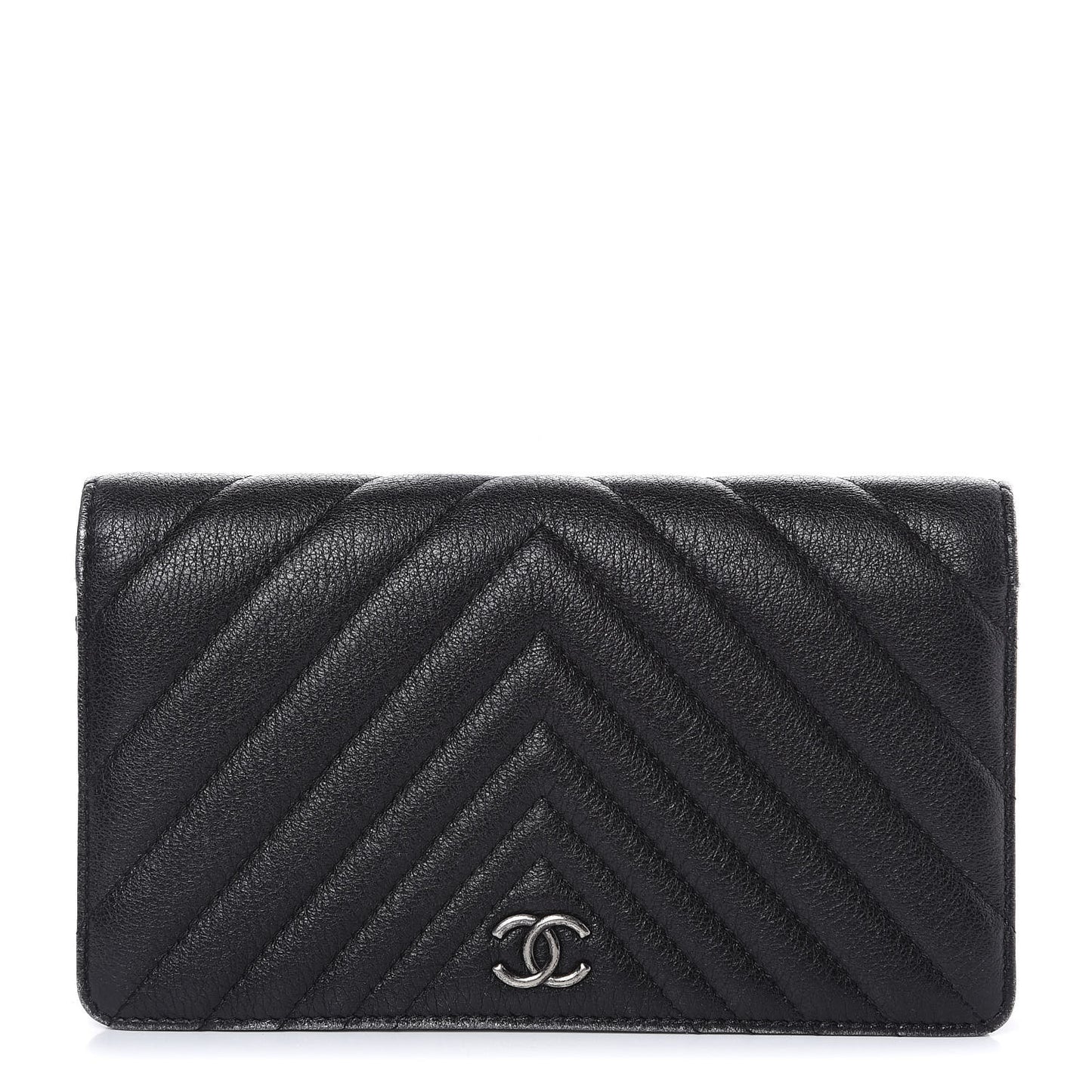Shiny Goatskin Chevron Quilted Yen Wallet Black