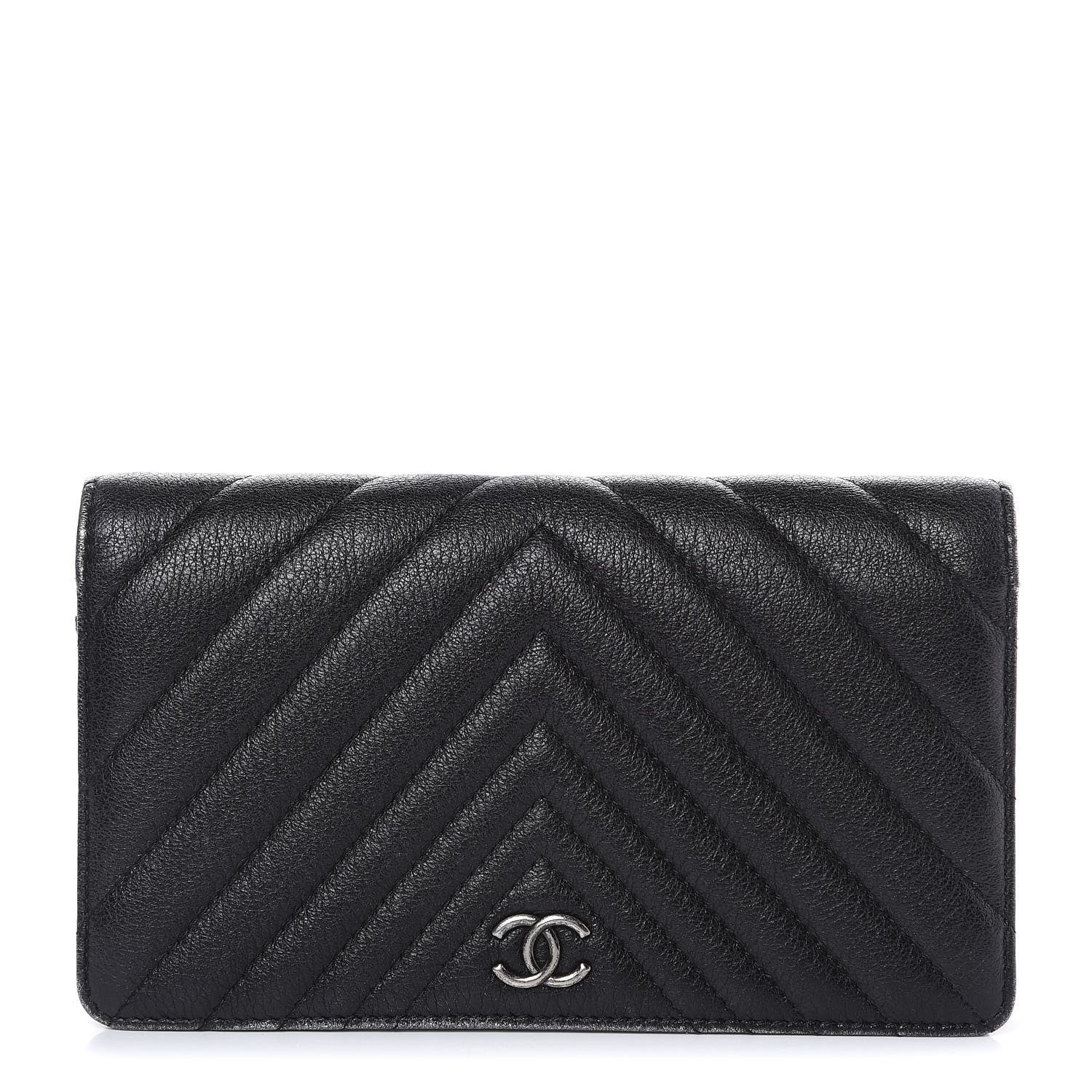 Chanel Shiny Goatskin Chevron Quilted Yen Wallet Black 1 of 15