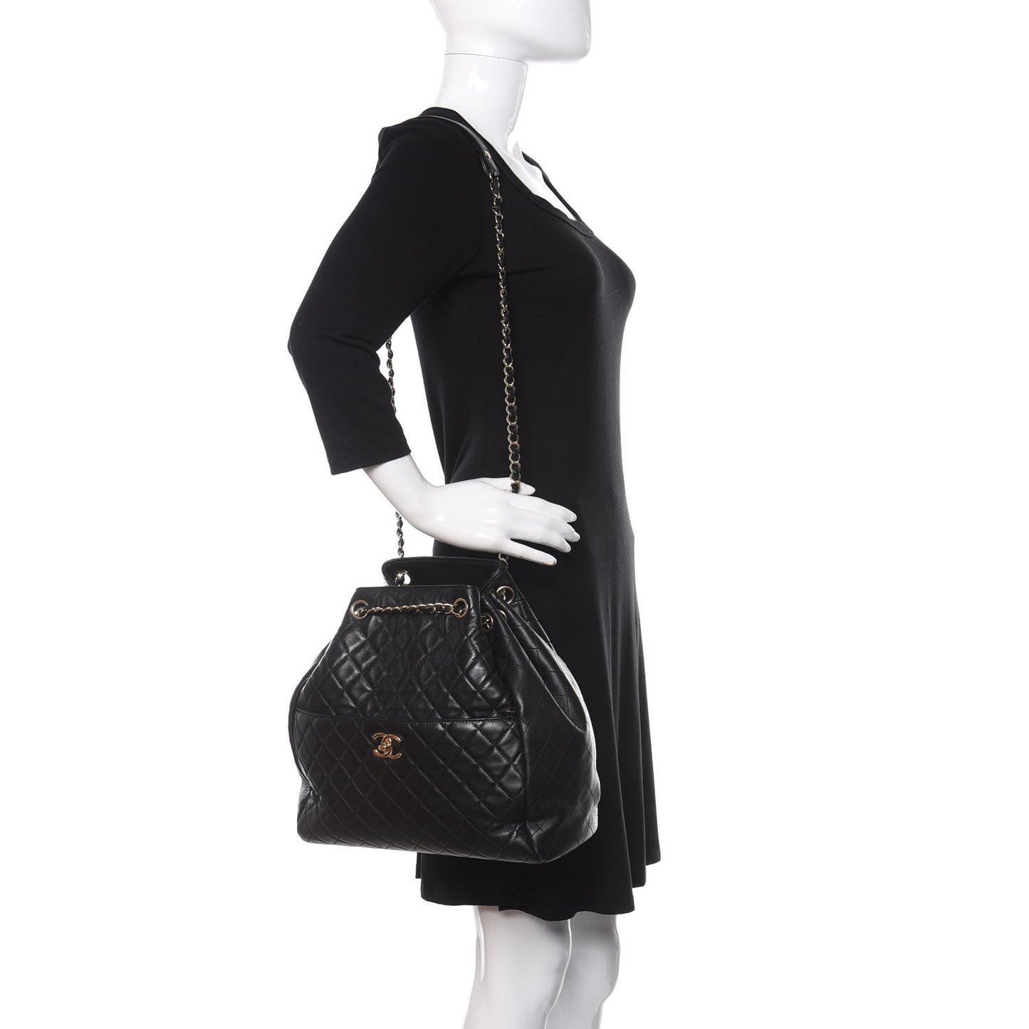 Lambskin Quilted Large Drawstring Bag Black
