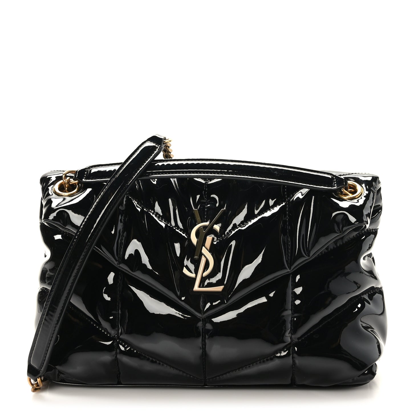 Patent Quilted Small Loulou Puffer Monogram Chain Satchel Black