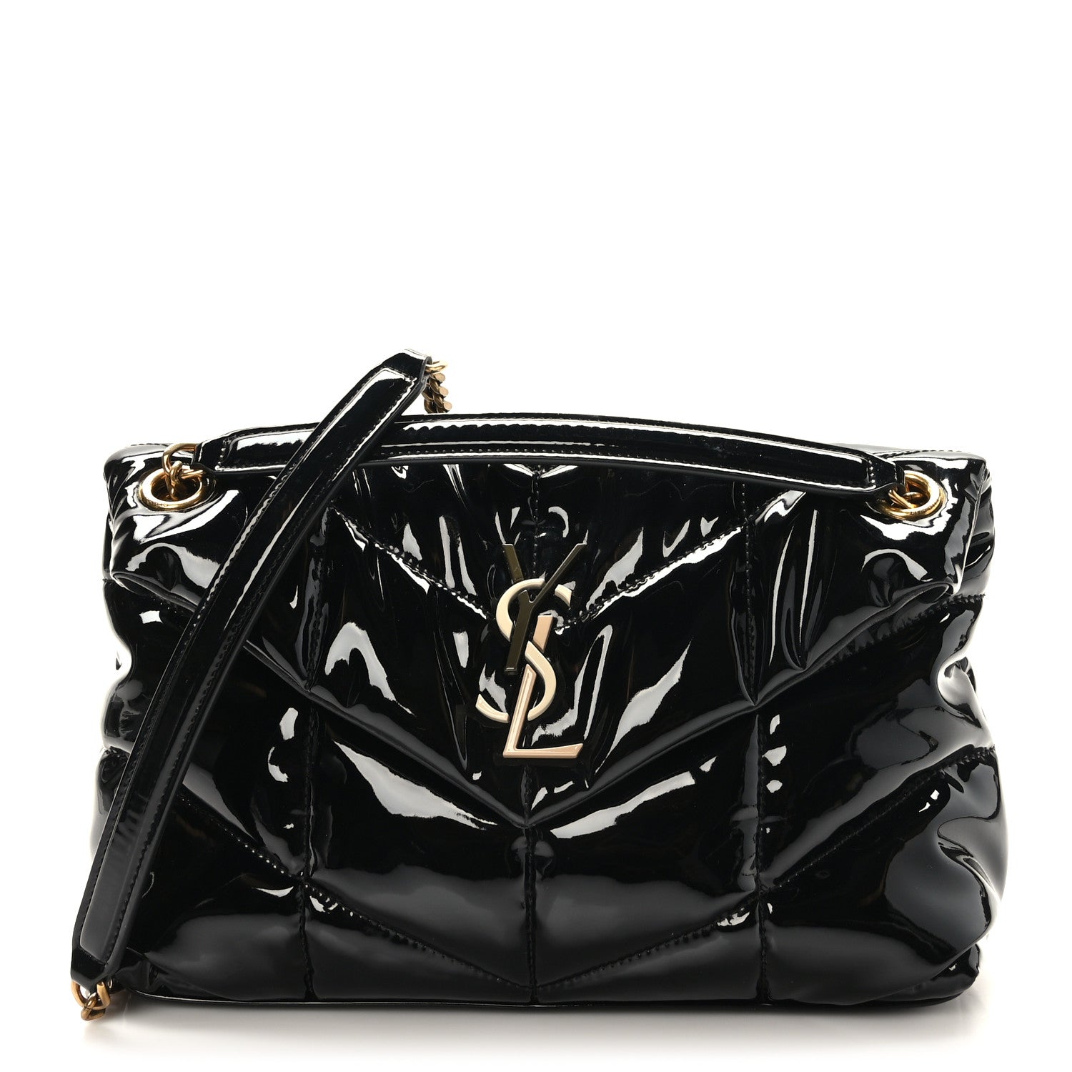 Saint Laurent Patent Quilted Small Loulou Puffer Monogram Chain Satchel Black 1 of 9