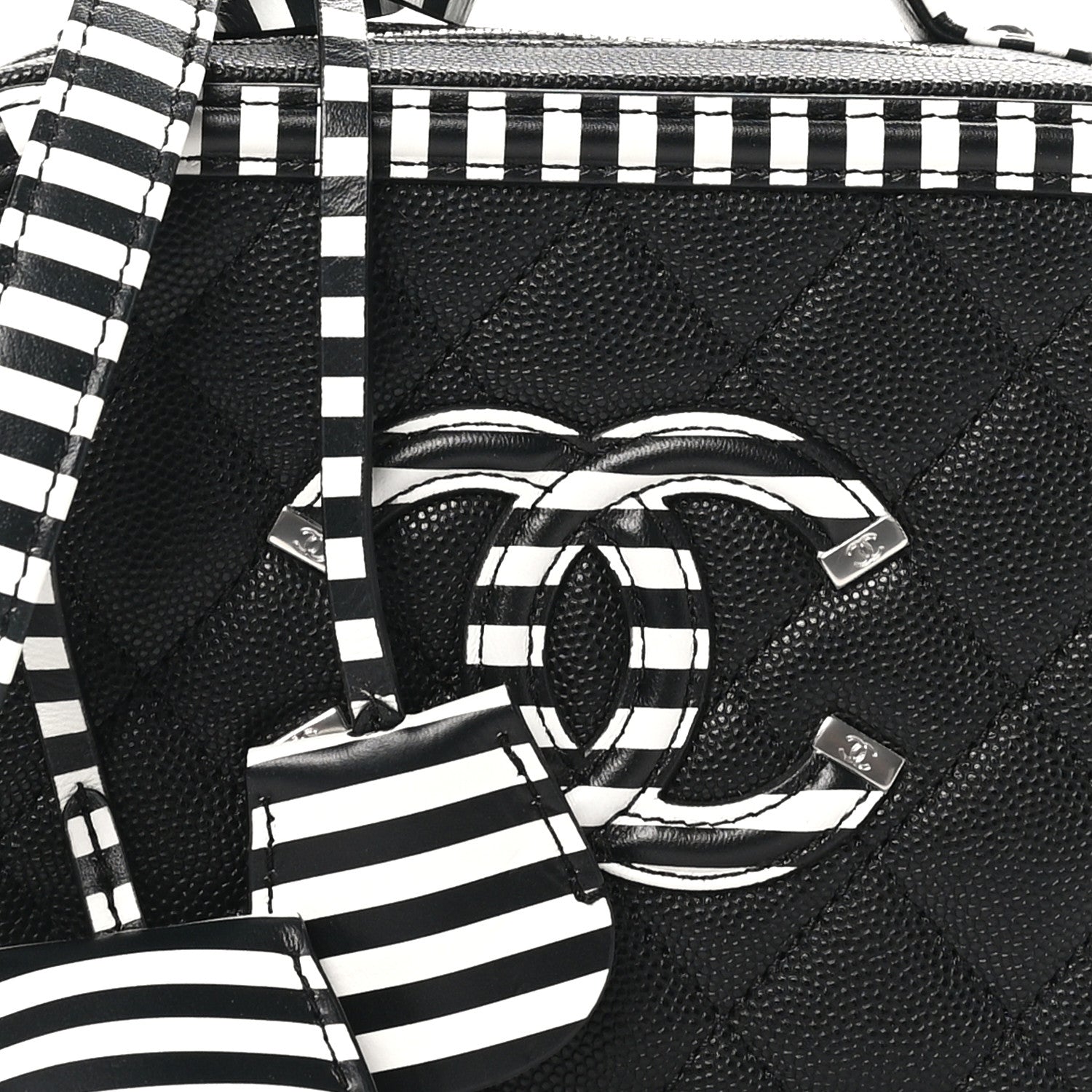 Chanel Caviar Quilted Striped Small CC Filigree Vanity Case Black White 8 of 10