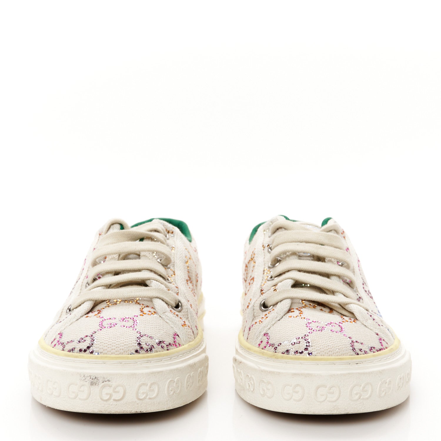 Gucci Canvas Lame Crystal GG Monogram Womens 1977 Tennis Sneakers 38 Gardenia Silver Mystic White 3 of 9