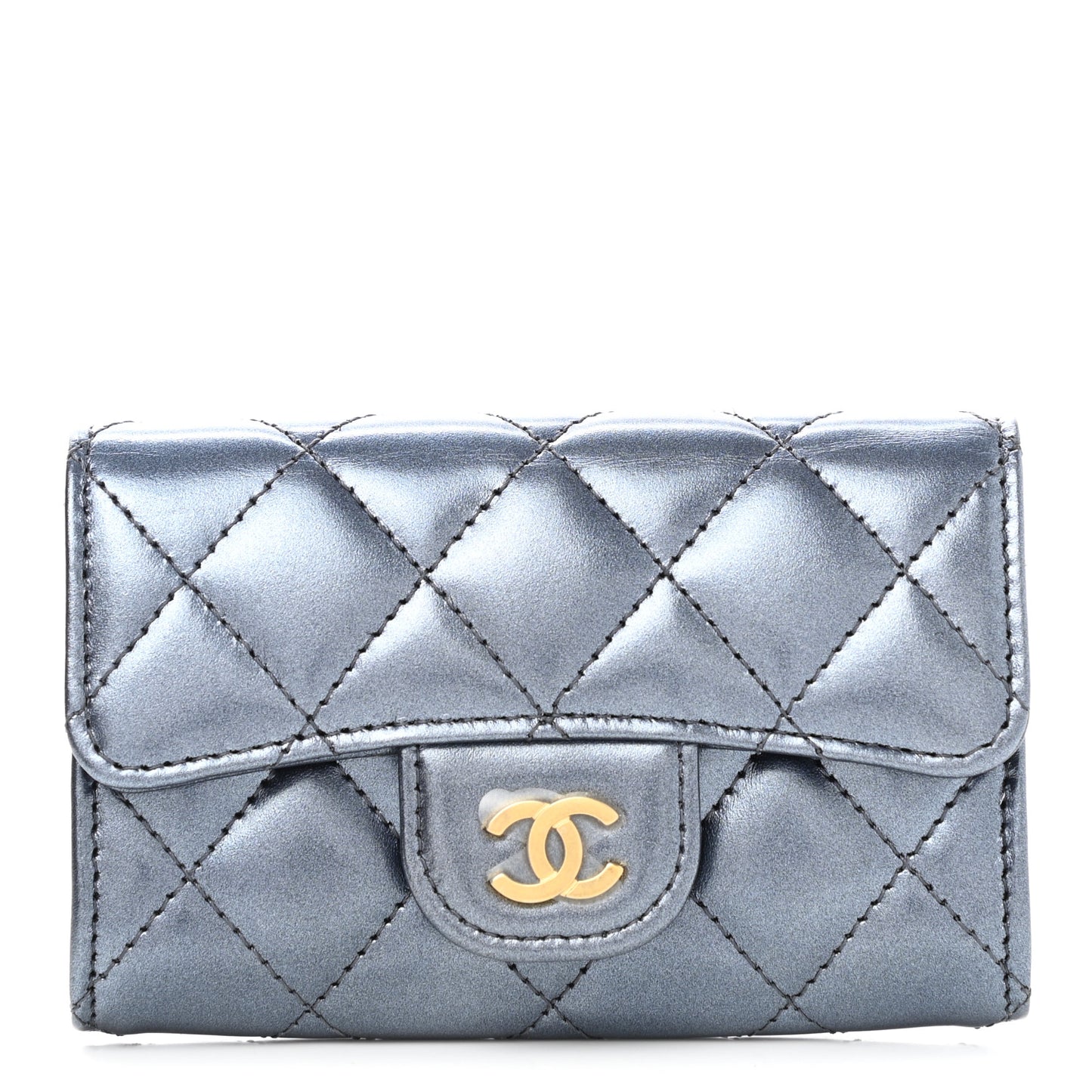 Metallic Lambskin Quilted Flap Card Holder Wallet Dark Blue