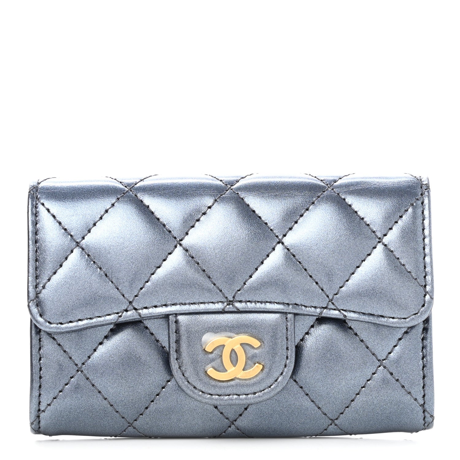 Chanel Metallic Lambskin Quilted Flap Card Holder Wallet Dark Blue 1 of 9