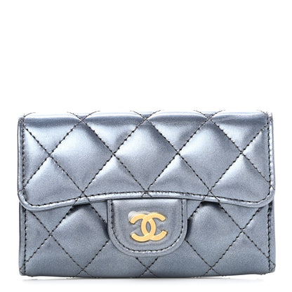 Chanel Metallic Lambskin Quilted Flap Card Holder Wallet Dark Blue 1 of 9