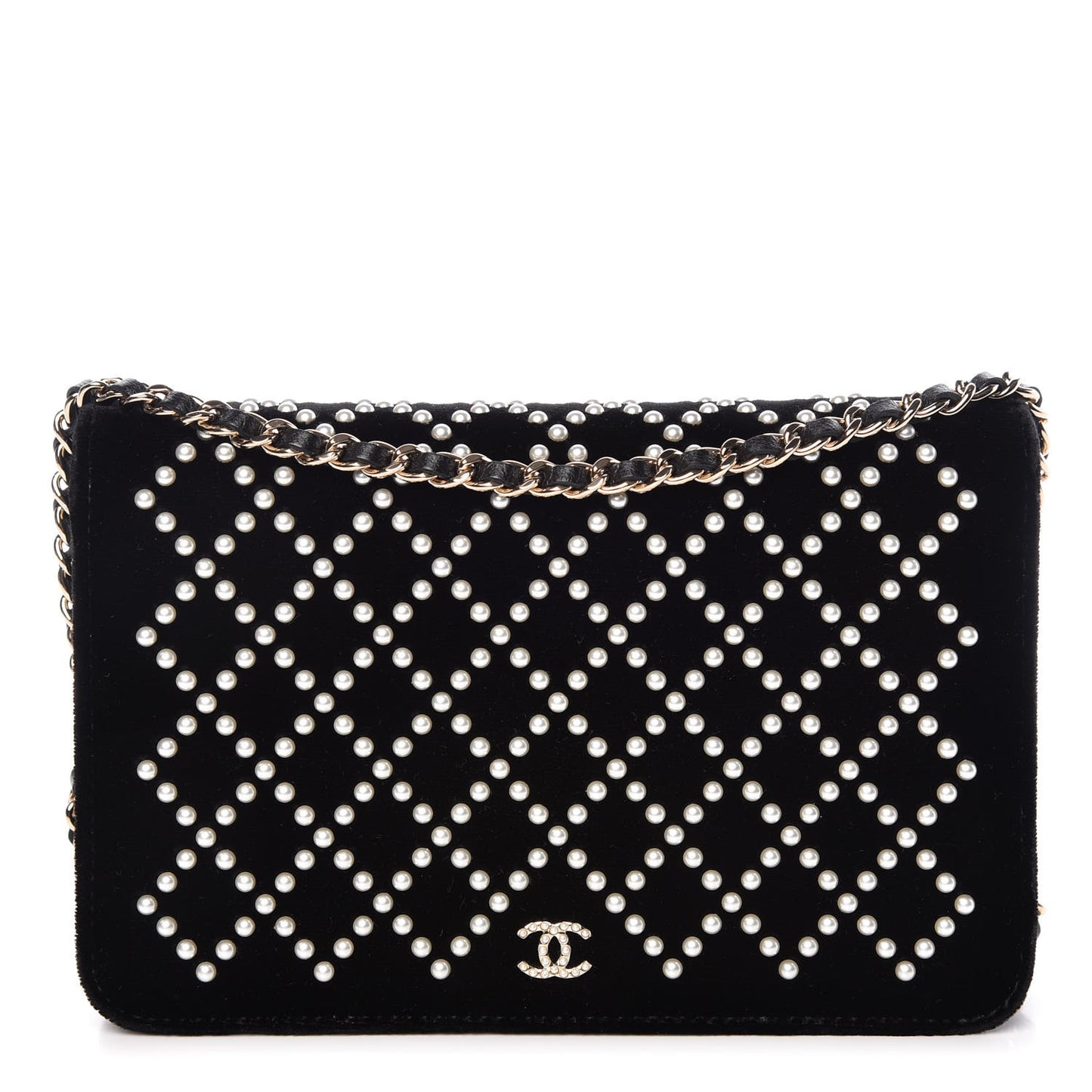 Velvet Pearl Diamond Embellished Wallet On Chain WOC Black