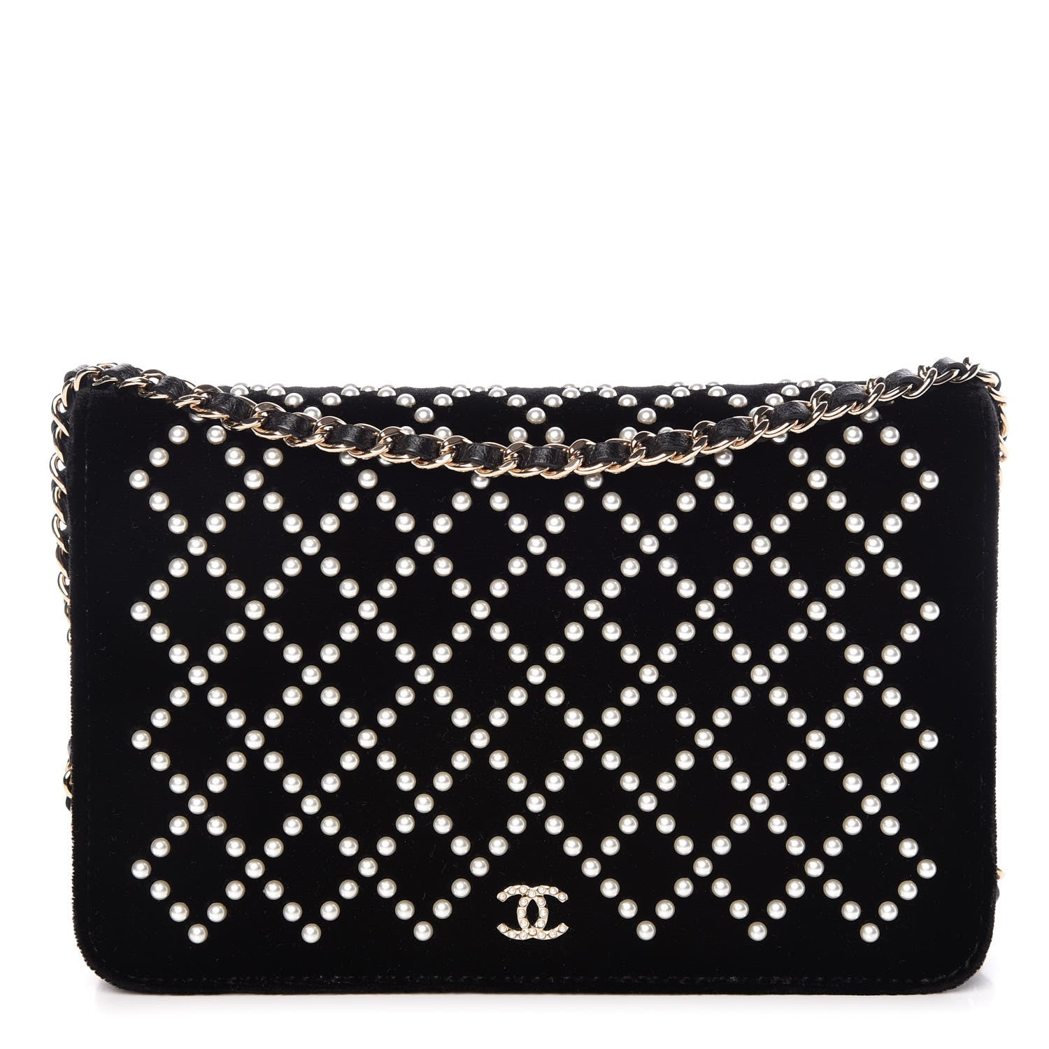 Chanel Velvet Pearl Diamond Embellished Wallet On Chain WOC Black 1 of 19