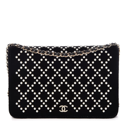 Chanel Velvet Pearl Diamond Embellished Wallet On Chain WOC Black 1 of 19