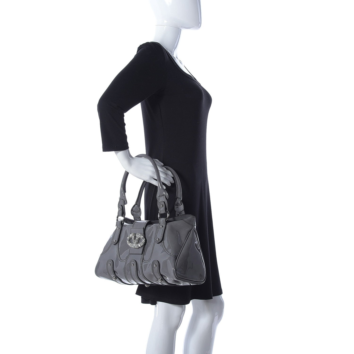 Valentino Garavani Patent Crystal Catch Satchel Grey 2 of 9