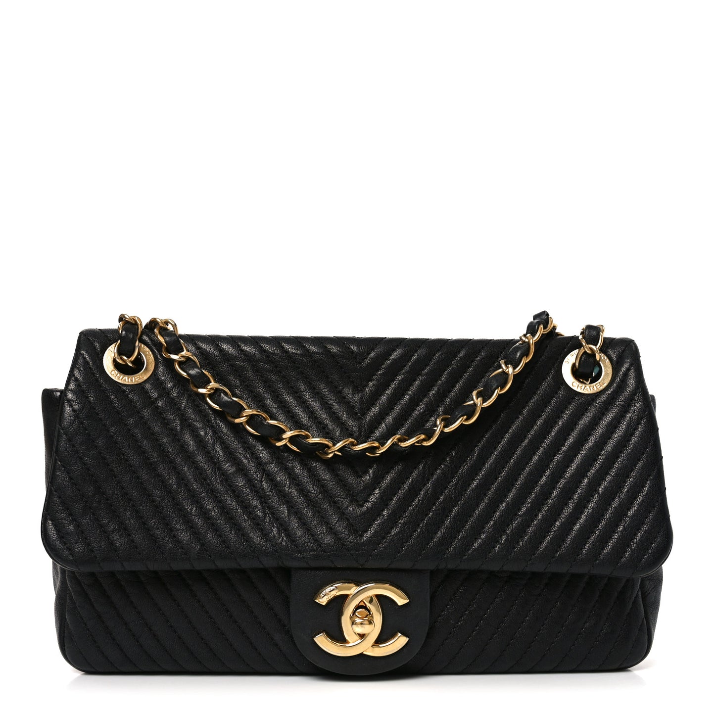 Calfskin Chevron Quilted Medium Surpique Flap Black