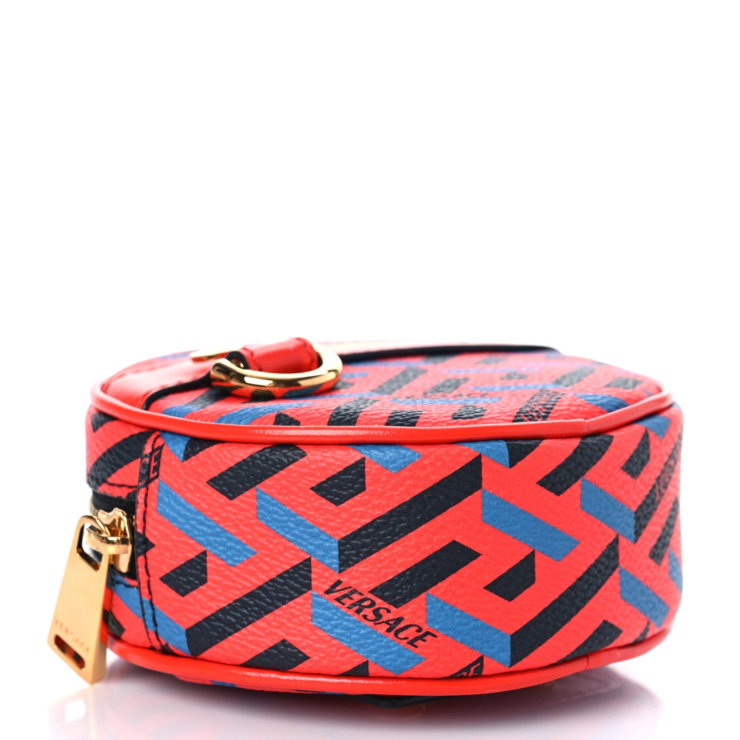 Coated Canvas Calfskin La Greca Round Zip Pouch Blue Red