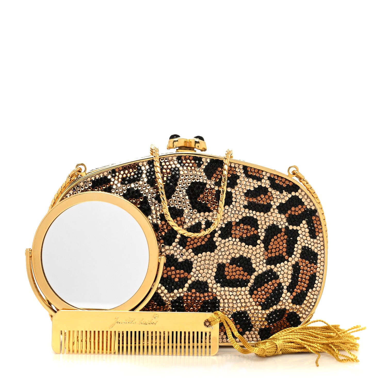 Judith Leiber Crystal Minaudiere Leopard Clutch Black Brown 1 of 11