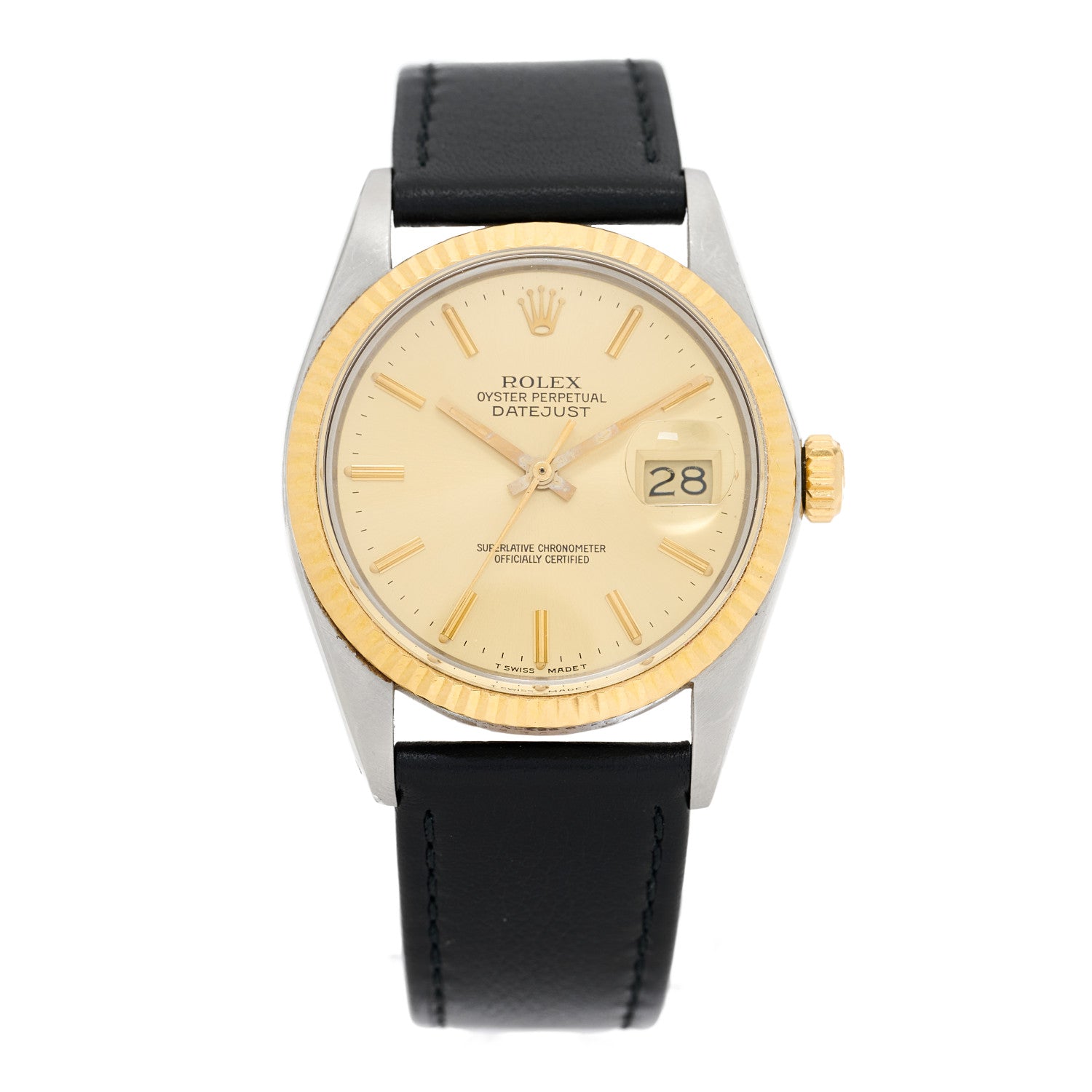 Rolex Stainless Steel 18K Yellow Gold Calfskin 36mm Oyster Perpetual Datejust Watch Champagne 16013 1 of 4