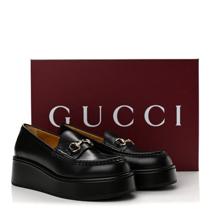 Gucci Kama Calfskin Horsebit Womens Wedge Platform Loafers 37 Black 10 of 10