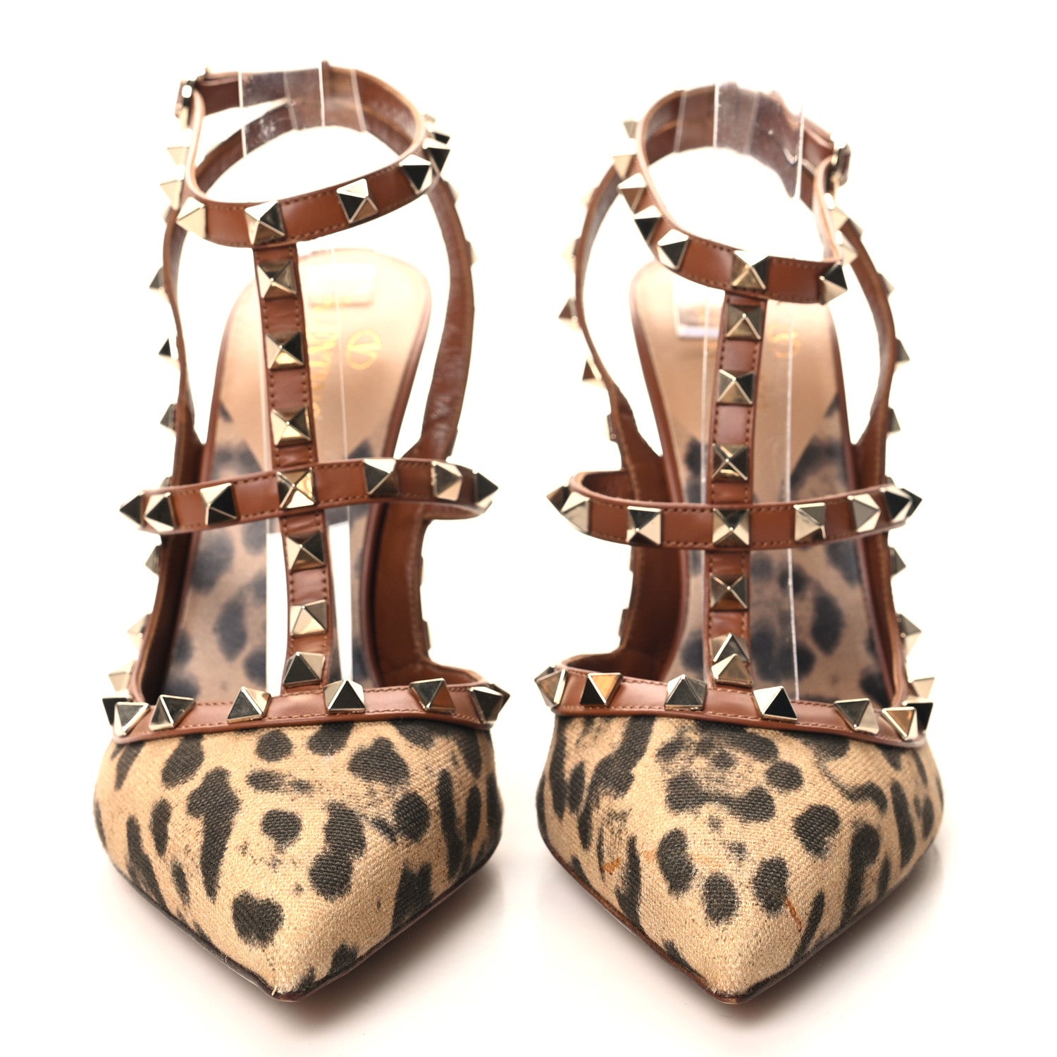 Valentino Garavani Canvas Leopard Print Rockstud Ankle Strap 100mm Pumps 41 Brown 2 of 9